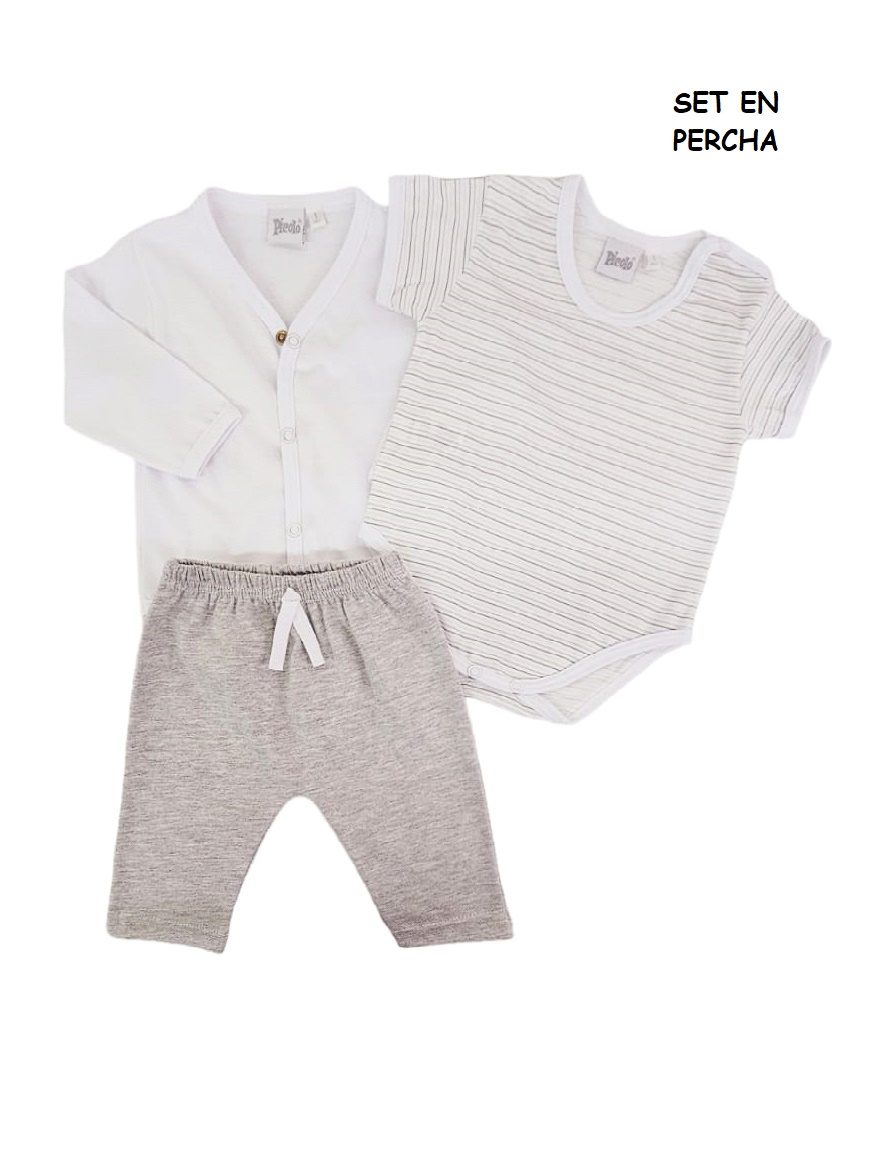 PACK ART.97432 T.0/1/3 3 PZ BEBE BODY M/C RAYADO, PANTALON Y SAQUITO BLANCO
Talles: 0/1/3