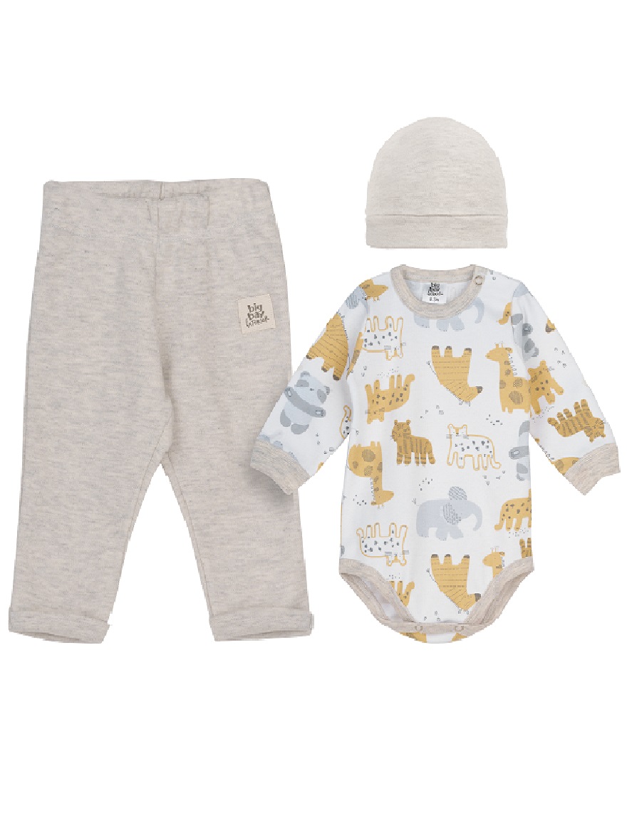 CONJUNTO ART.M4011 T.RN 0/3   BODY PANTALON GORRO ESTAMPADO ANIMALITOS
Talles: RN/0/3