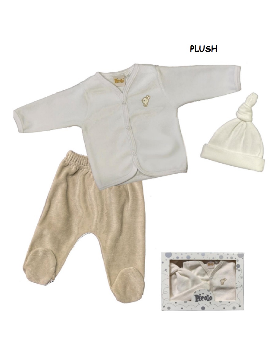 PACK  EN CAJA ART.63009 T.0/1 PLUSH SAQUITO, PANTALON CON PIE Y GORRO
Talles: 0/1